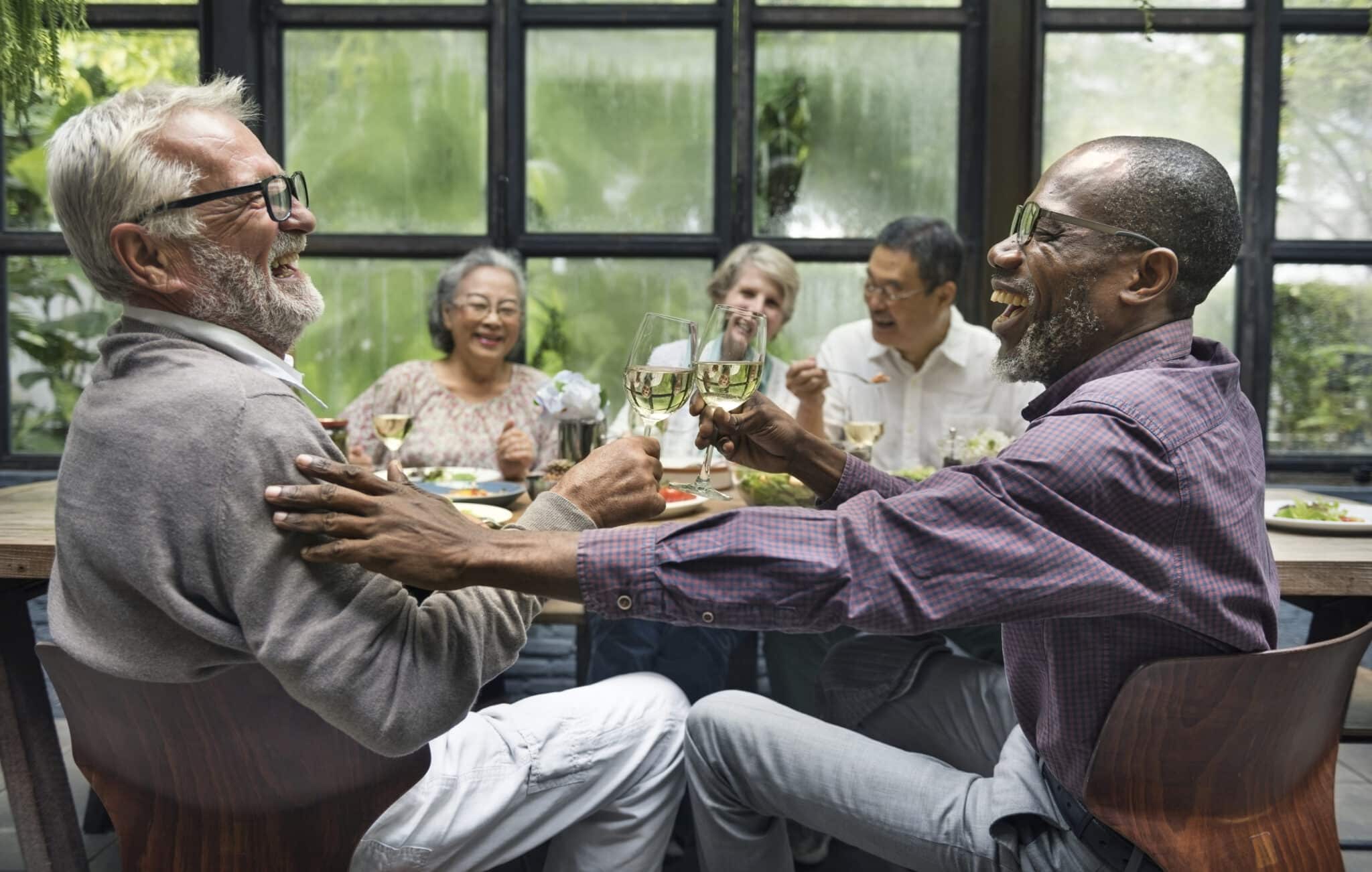 Old friends gathering for a dinner party.